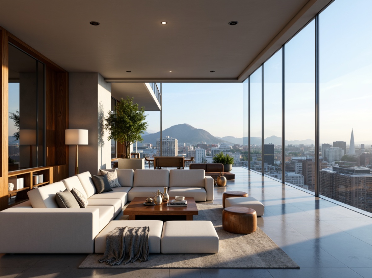 Prompt: Luxurious penthouse, sleek modern architecture, floor-to-ceiling windows, breathtaking cityscape views, elegant interior design, rich wood accents, sophisticated neutral tones, creamy whites, warm beiges, soft grays, calming blues, earthy browns, metallic silvers, subtle texture contrasts, ambient lighting, 1/2 composition, shallow depth of field, realistic reflections.