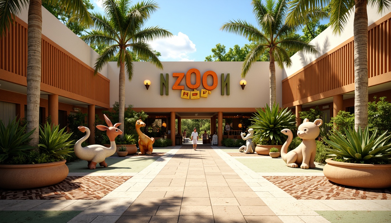 Prompt: Vibrant zoo entrance, retro-style signage, mid-century modern architecture, warm beige walls, rich wood accents, playful animal sculptures, lush greenery, exotic palm trees, colorful tile mosaics, terrazzo floors, geometric patterned rugs, natural stone planters, whimsical lighting fixtures, sunny day, soft warm lighting, shallow depth of field, 3/4 composition, panoramic view, realistic textures, ambient occlusion.