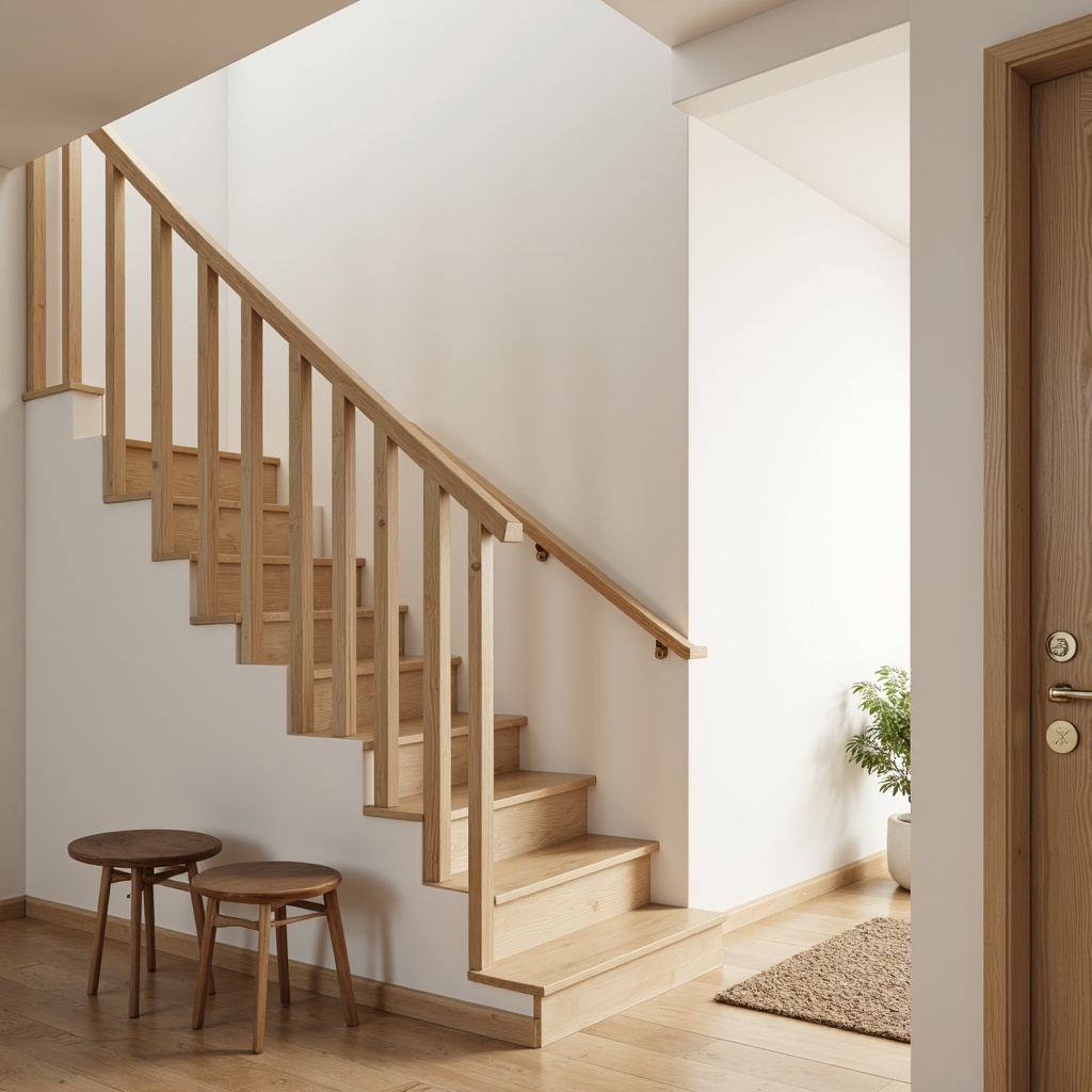 Prompt: Light-filled Scandinavian staircase, sleek wooden handrails, minimalist design, pale wood tone, natural oak flooring, soft warm lighting, shallow depth of field, 3/4 composition, panoramic view, realistic textures, ambient occlusion, open-plan layout, airy feel, Nordic-inspired aesthetic, subtle color palette, neutral-toned walls, light-wood accents, rustic-chic decor, woven textiles, organic shapes, gentle curves.