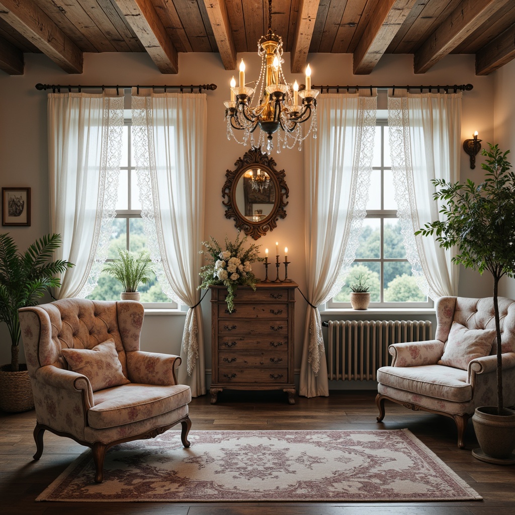 Prompt: Distressed wood accents, vintage furniture pieces, soft pastel hues, lace curtains, floral patterns, ornate metalwork, distressed finishes, antique decorations, rustic wooden floors, plush area rugs, velvet upholstery, feminine silhouettes, elegant chandeliers, warm candlelight, 3/4 composition, soft focus, romantic ambiance.