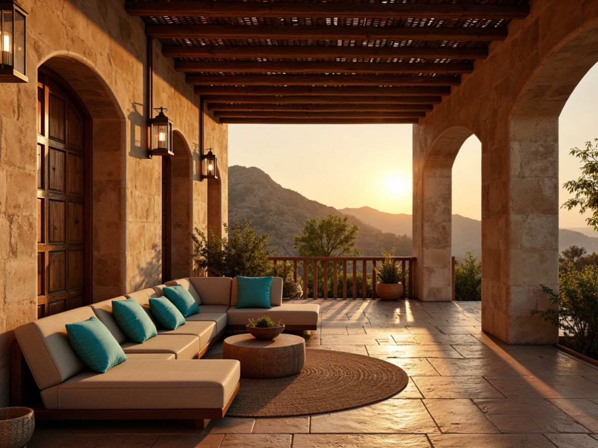 Prompt: Warm sunset glow, soft golden light, dramatic shadows, ambient occlusion, rustic stone walls, adobe-inspired architecture, curved seating areas, vibrant turquoise accents, natural wood textures, woven textiles, earthy tone color palette, warm beige sandstone floors, intricate wooden ceiling patterns, lantern-style lighting fixtures, subtle warm glows, high contrast ratio, 1/2 composition, cinematic atmosphere, realistic renderings.