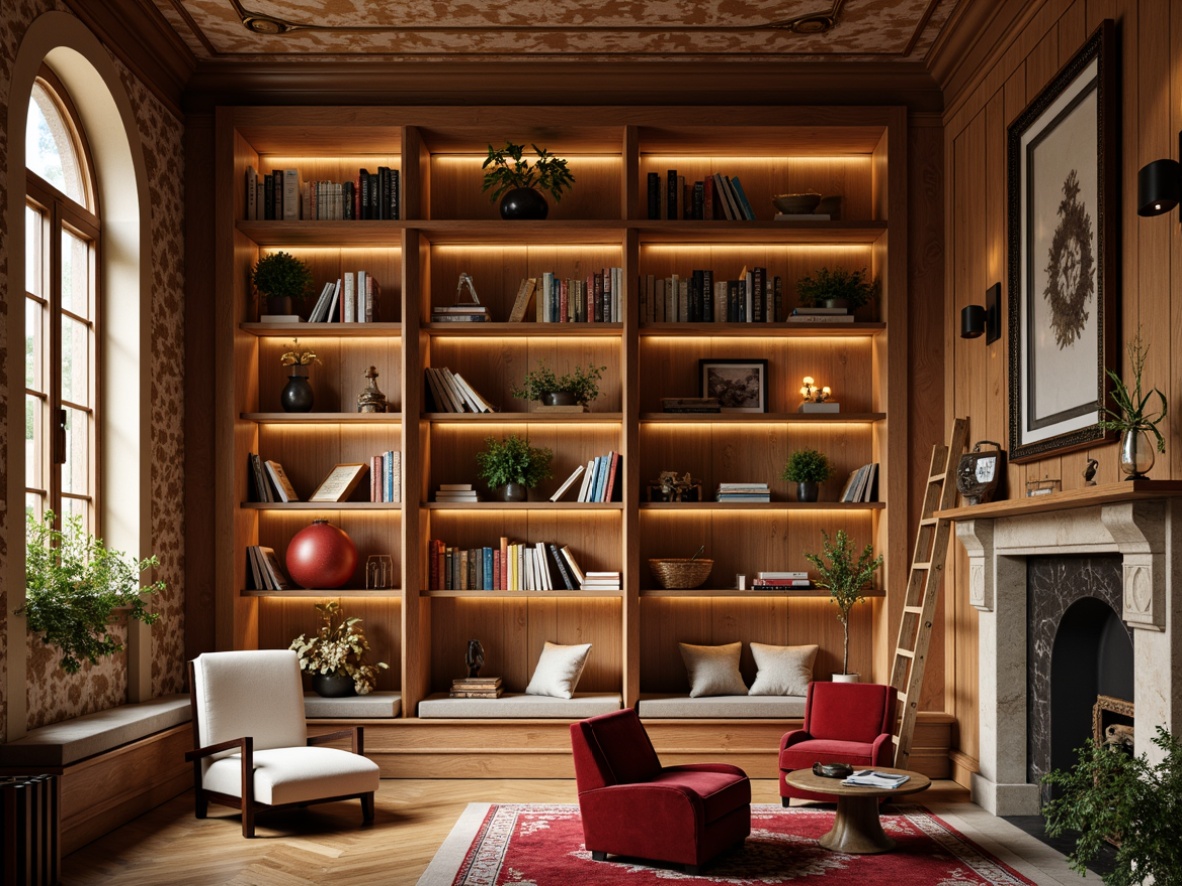 Prompt: Cozy library interior, warm accent walls, rich wood tones, floor-to-ceiling bookshelves, comfortable reading nooks, plush armchairs, soft golden lighting, elegant archways, sophisticated color schemes, textured wallpaper, geometric patterns, modern minimalist decor, industrial-chic metal accents, reclaimed wood features, natural stone floors, tranquil atmosphere, warm beige tones, inviting window seats, rustic wooden ladder, eclectic vintage decor, bold contrasting colors.