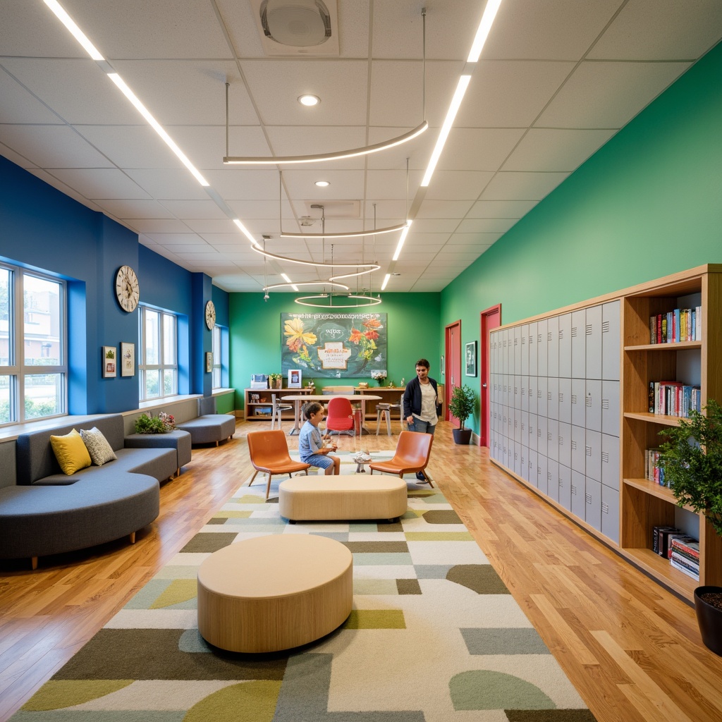 Prompt: Vibrant middle school interior, streamlined moderne aesthetic, bold color palette, blue-green accent walls, creamy white ceilings, polished wooden floors, sleek metal lockers, minimalist furniture, circular pendant lights, geometric patterned rugs, inspirational quotes, motivational posters, collaborative workspaces, comfortable seating areas, natural textiles, earthy tones, soft warm lighting, shallow depth of field, 1/1 composition, realistic textures, ambient occlusion.