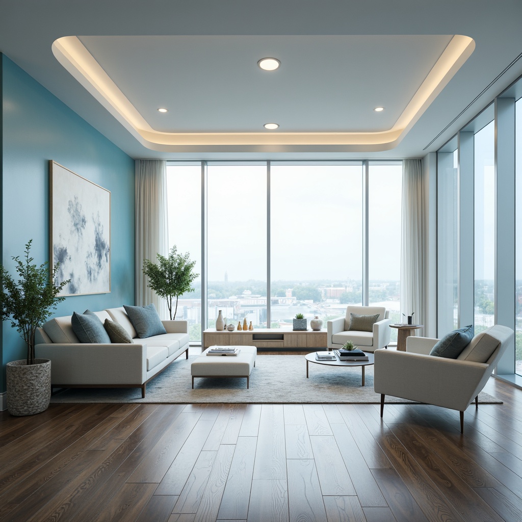 Prompt: Soft light blue hues, serene atmosphere, airy spaces, minimal ornamentation, sleek modern furniture, polished wooden floors, floor-to-ceiling windows, natural light pouring in, gentle warm glow, subtle gradient effects, 1/1 composition, shallow depth of field, panoramic view, realistic textures, ambient occlusion.