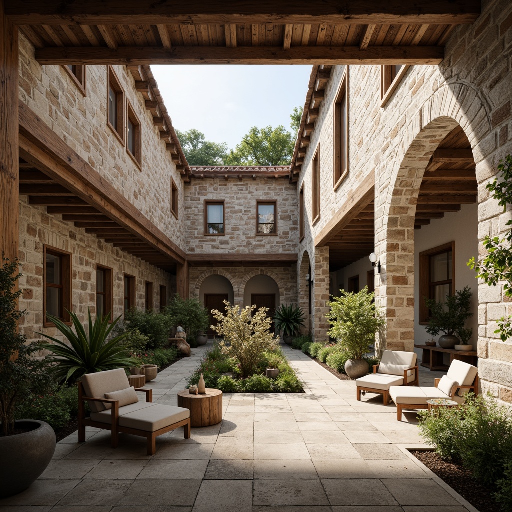 Prompt: Serene monastery courtyard, rustic stone walls, arched windows, wooden doors, industrial chic decor, reclaimed wood accents, metal beams, exposed ductwork, minimalist furniture, natural light pouring, soft warm ambiance, shallow depth of field, 3/4 composition, panoramic view, realistic textures, ambient occlusion, peaceful atmosphere, lush greenery, blooming flowers, gentle water features, quiet seating areas, spiritual sculptures, calming color palette.