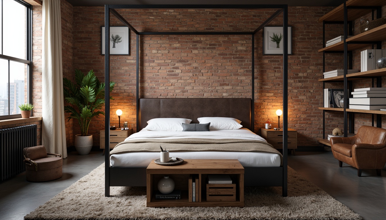 Prompt: Rustic industrial bedroom, distressed wood furniture, metal accents, reclaimed wooden planks, exposed brick walls, vintage factory lights, minimalist decor, urban loft atmosphere, cozy textiles, plush area rug, oversized metal frame bed, worn leather armchair, wooden crate nightstand, Edison bulb pendant lamp, industrial-style metal shelves, concrete flooring, urban cityscape view, soft warm lighting, shallow depth of field, 1/2 composition.