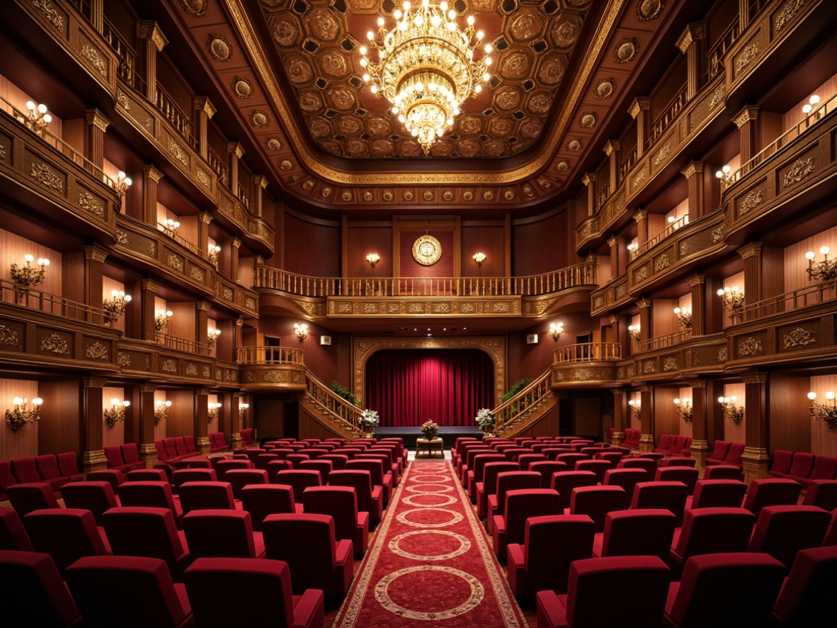 Prompt: Elegant auditorium interior, traditional ornate details, plush red velvet seats, golden decorative accents, intricate carvings, wooden paneling, majestic chandeliers, grand staircase, balcony seating areas, curved rows of seats, central aisle, raised stage, crimson curtains, warm soft lighting, 1/1 composition, symmetrical framing, realistic textures, subtle ambient occlusion.