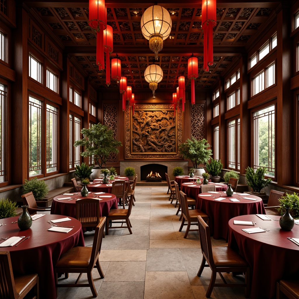 Prompt: Richly ornamented dining hall, intricately carved wooden panels, polished dark wood tables, luxurious silk fabrics, vibrant red lanterns, delicate ceramic vases, natural stone floors, subtle jade accents, elegant bamboo chairs, refined lacquerware, warm golden lighting, soft focused blur, 1/2 composition, intimate atmosphere, realistic reflections, ambient Occlusion.