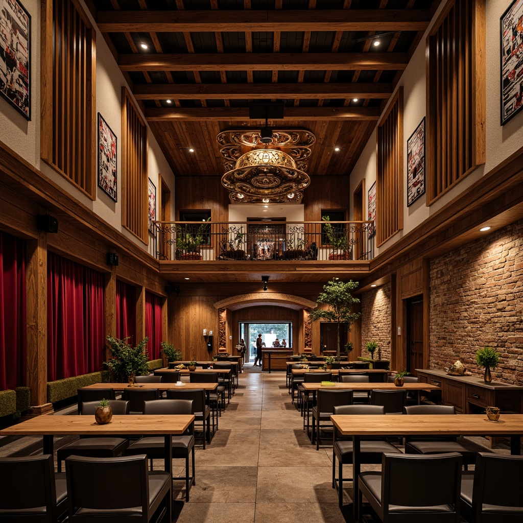 Prompt: Rustic music venue, craftsman-style wooden accents, distressed finishes, warm lighting, reclaimed wood textures, exposed brick walls, industrial metal fixtures, vintage music instruments, decorative sound waves, earthy color palette, natural stone floors, wooden stage, cozy atmosphere, intimate seating areas, rich velvet curtains, ornate metal railings, warm candlelight, shallow depth of field, 1/1 composition, realistic textures, ambient occlusion.