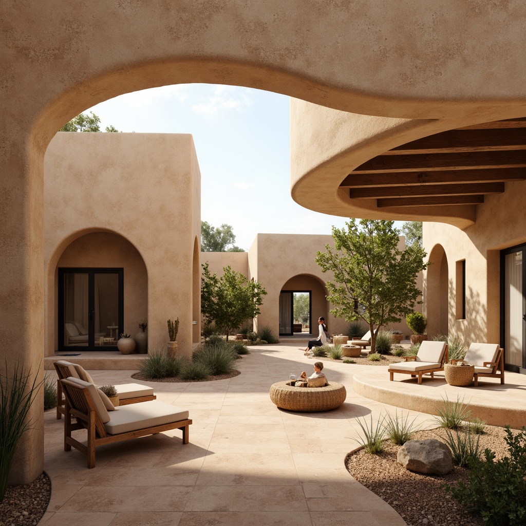 Prompt: Adobe earth-toned stucco buildings, curved lines, organic shapes, large overhangs, wooden accents, rustic metal details, spacious open-plan interiors, clerestory windows, skylights, sliding glass doors, sunlit courtyards, desert landscaping, succulent plants, sandy pathways, warm beige colors, terracotta flooring, earthy textures, natural fabrics, woven baskets, hand-carved wooden furniture, soft diffused lighting, high ceilings, minimal shading, 1/2 composition, warm golden hour, realistic renderings.