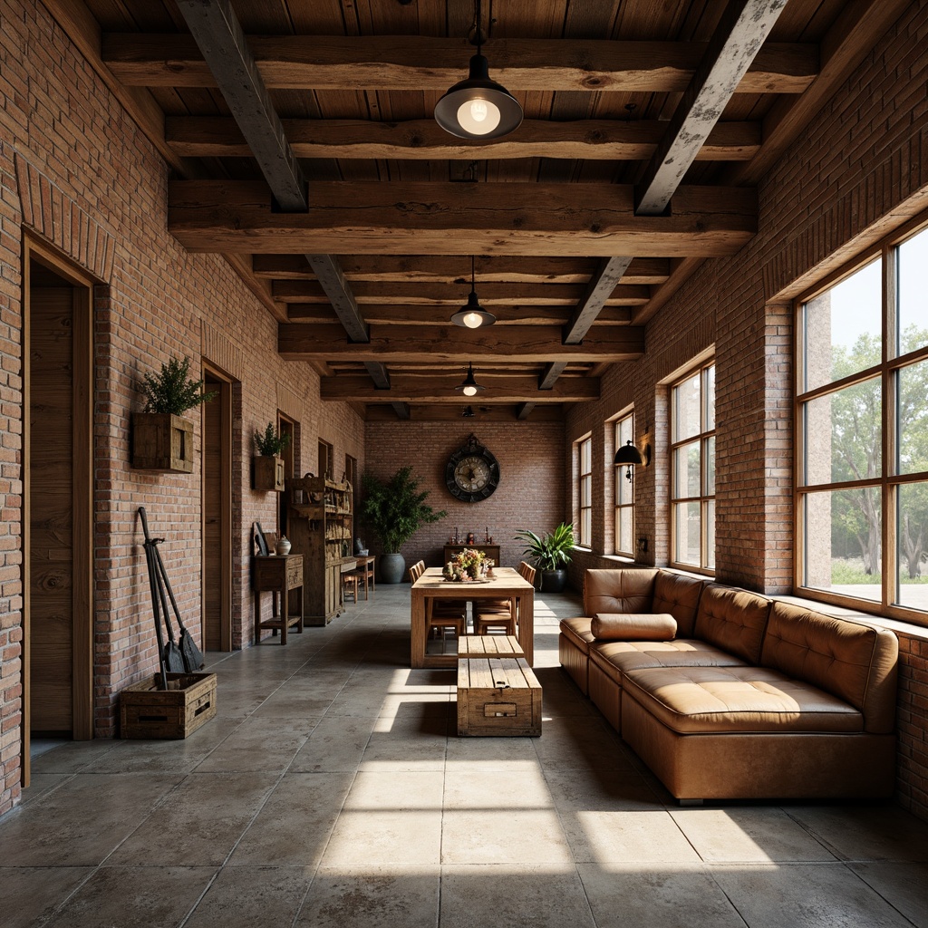 Prompt: Rustic farmhouse, exposed brick walls, reclaimed wood accents, metal beams, industrial lighting fixtures, earthy tones, weathered wooden crates, vintage farm tools, distressed leather furniture, natural stone floors, soft warm lighting, shallow depth of field, 3/4 composition, panoramic view, realistic textures, ambient occlusion.