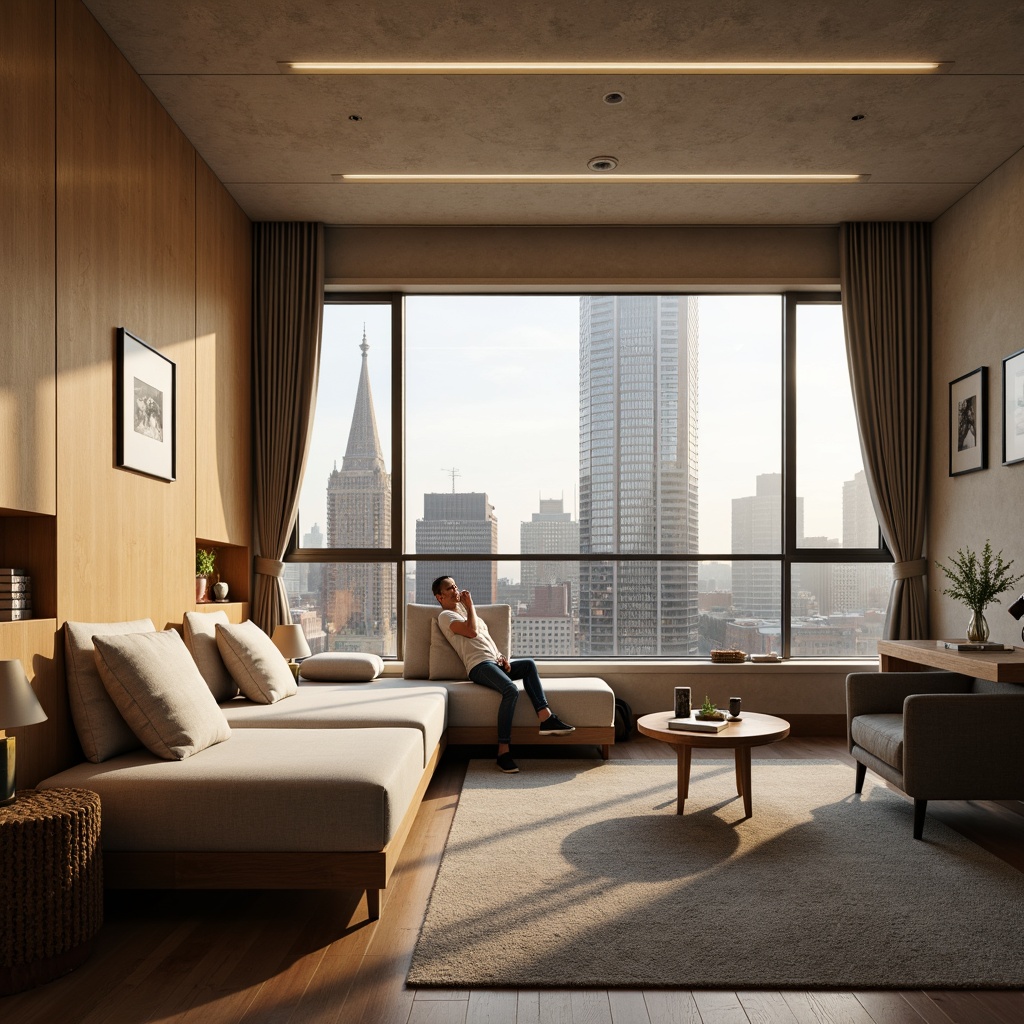 Prompt: Cozy dorm room, sound-absorbing panels, soft fabric upholstery, acoustic foam walls, minimalist decor, modern furniture design, warm wood accents, comfortable bedding, calming color scheme, natural light exposure, large windows, urban cityscape view, relaxing ambiance, soft diffused lighting, 1/1 composition, realistic textures, ambient occlusion.