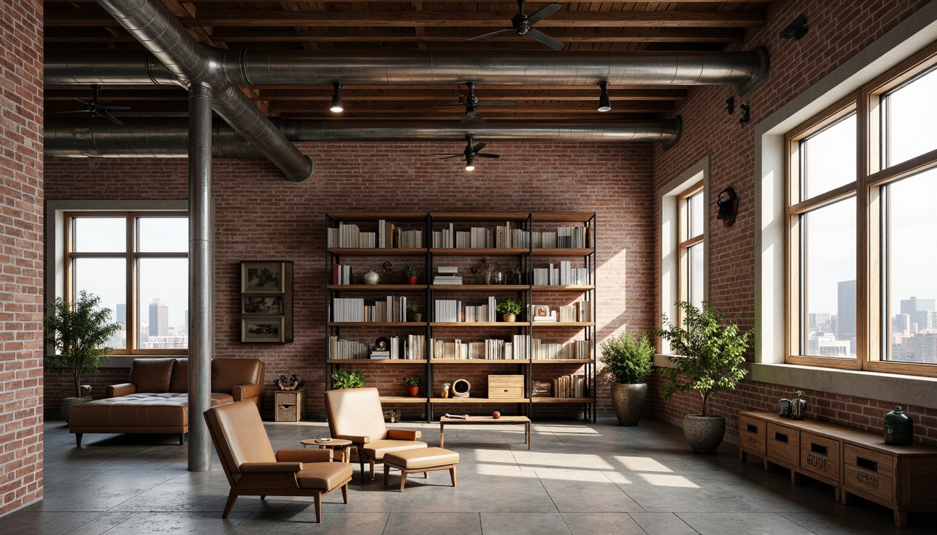 Prompt: Exposed brick walls, reclaimed wood shelving, metal piping accents, vintage industrial lighting, distressed leather armchairs, wooden crates, metal ladder bookshelves, minimalist decor, urban loft atmosphere, natural stone flooring, modern industrial architecture, large windows, cityscape views, soft warm lighting, shallow depth of field, 3/4 composition, realistic textures, ambient occlusion.