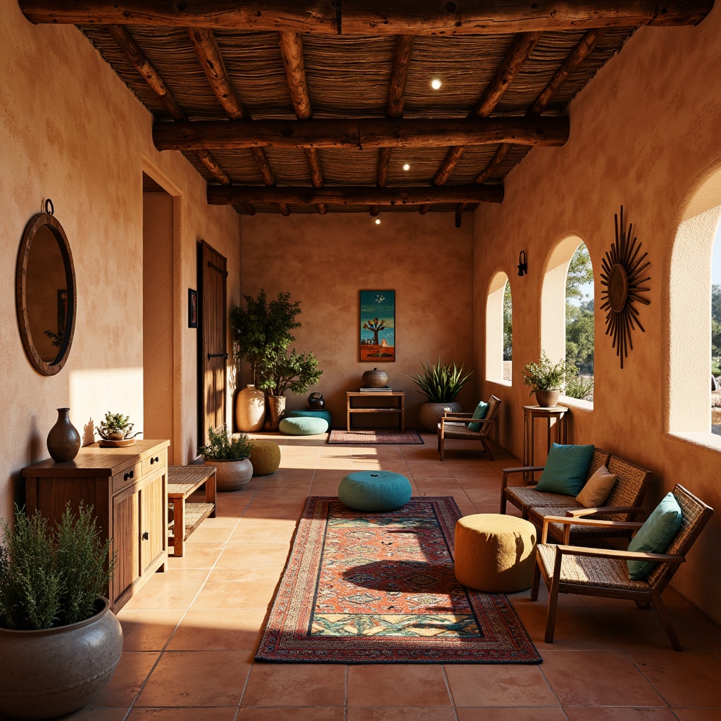 Prompt: Earthy adobe hut, warm terracotta flooring, plush woven rugs, vibrant turquoise accents, distressed wooden furniture, rusty metal decor, woven wicker chairs, soft suede upholstery, natural fiber textiles, potted cacti plants, warm golden lighting, shallow depth of field, 1/1 composition, rustic wooden beams, earthy clay pottery, colorful geometric patterns, cozy throw blankets, Southwestern-inspired artwork.