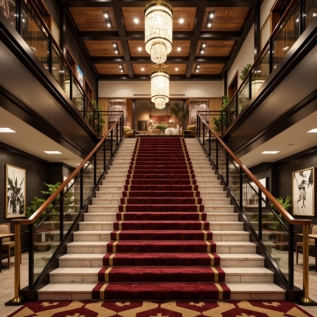 Prompt: Grand staircase, luxurious velvet carpet, polished brass handrails, ornate wooden banisters, dramatic LED lighting, sleek glass railings, industrial metal beams, distressed wood accents, natural stone steps, soft plush carpeting, bold geometric patterns, richly textured upholstery, opulent crystal chandeliers, warm ambient lighting, shallow depth of field, 1/2 composition, realistic reflections, subtle gradient maps.