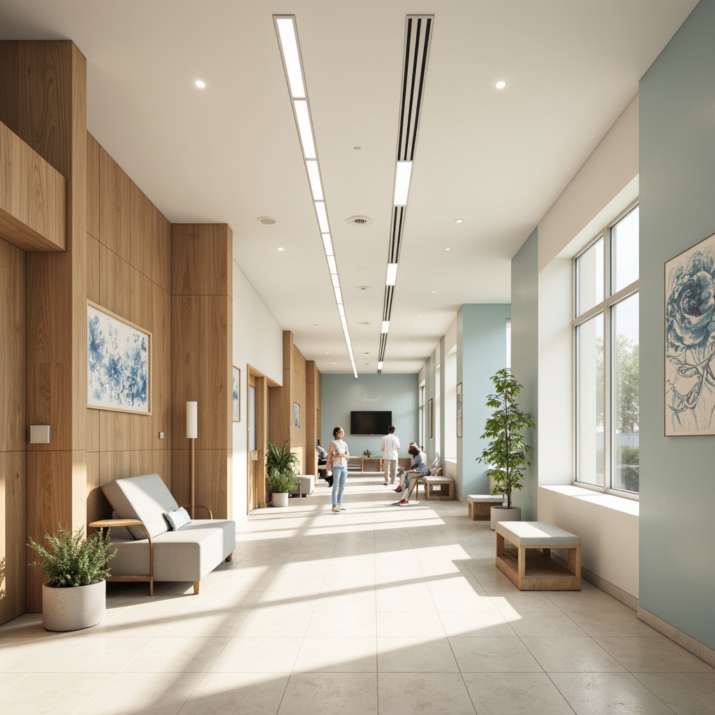 Prompt: Calming hospital interior, soft pastel colors, gentle cream tones, soothing blue hues, warm beige accents, natural wood textures, minimal ornamentation, clean lines, modern medical equipment, comfortable seating areas, peaceful waiting rooms, calming art pieces, abundant natural light, subtle gradient effects, 1/2 composition, realistic renderings, ambient occlusion.