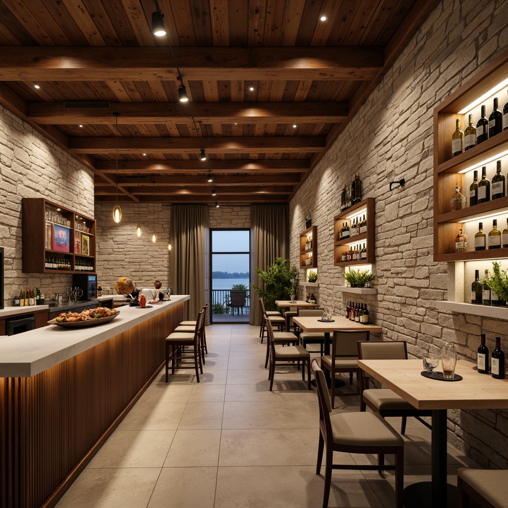 Prompt: Rustic home bar, natural stone walls, earthy tones, wooden accents, modern minimalist stools, sleek metal countertops, ambient warm lighting, wine glass racks, bottle displays, natural textures, organic shapes, earth-inspired color palette, cozy intimate atmosphere, soft focus blur, 1/1 composition, realistic renderings.