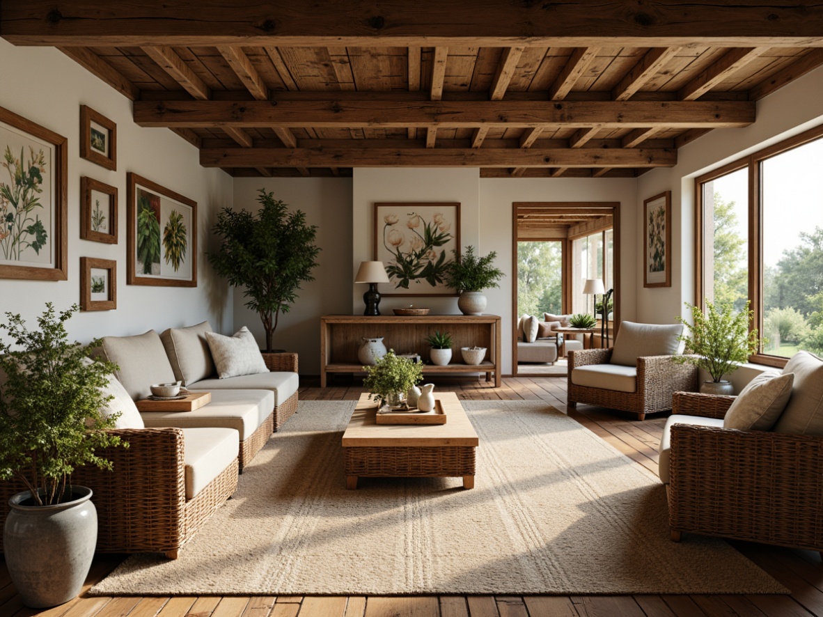 Prompt: Rustic farmhouse interior, reclaimed wooden beams, natural stone walls, earthy color palette, woven wicker furniture, vintage metal decor, lush greenery, potted plants, botanical prints, linen textiles, jute rugs, wooden flooring, brick accents, soft warm lighting, cozy atmosphere, 1/1 composition, intimate close-up shots, realistic textures, ambient occlusion.