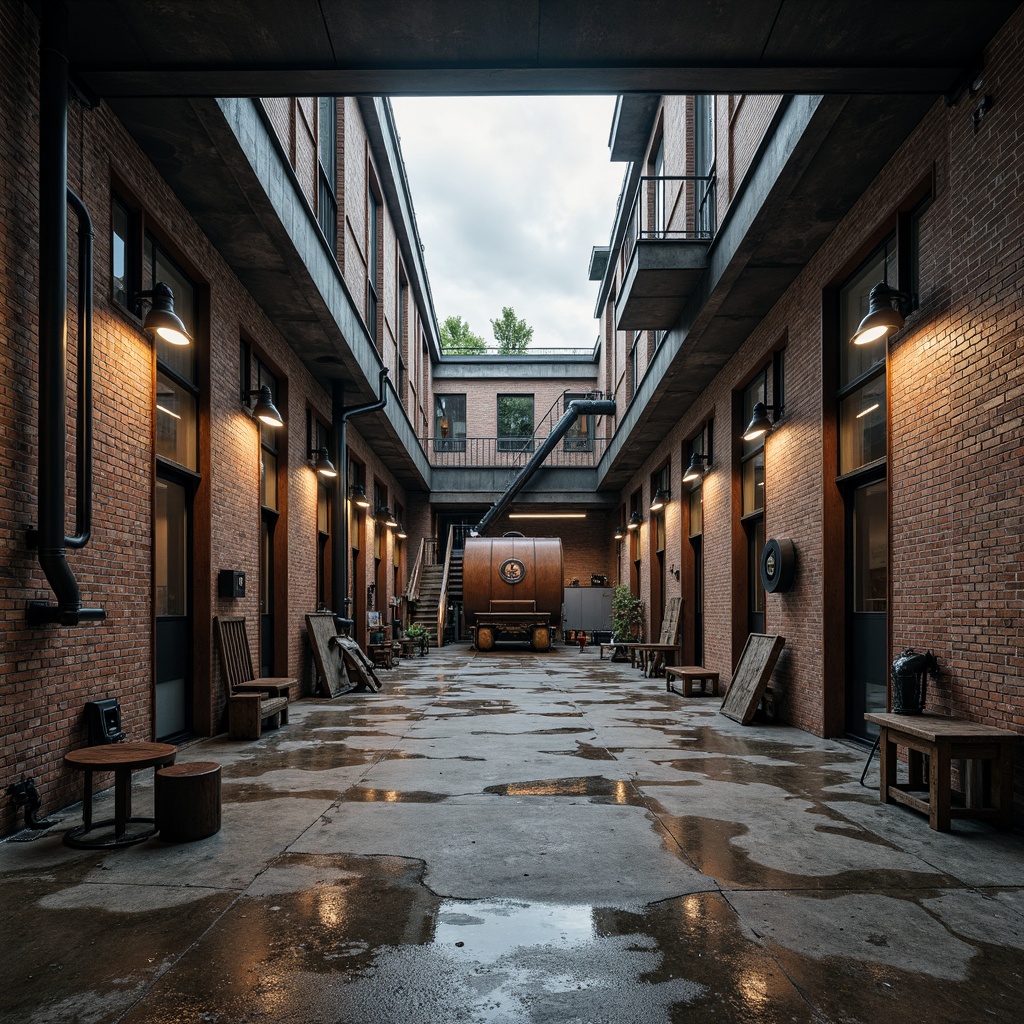 Prompt: Rugged industrial landscape, exposed brick walls, steel beams, concrete floors, distressed metal textures, reclaimed wood accents, functional pipework, mechanical equipment, heavy machinery, industrial lighting fixtures, gritty urban atmosphere, overcast skies, dramatic shadows, high contrast ratio, bold composition, symmetrical framing, rough-hewn stone walls, weathered corten steel, minimalist color palette, utilitarian aesthetic, raw unfinished surfaces, brutalist architectural style, post-apocalyptic ambiance.