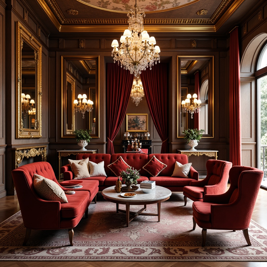 Prompt: Rich velvet upholstery, ornate gilded frames, intricately carved wooden legs, luxurious marble tops, crystal chandeliers, lavish drapery, opulent fabrics, golden accents, antique-inspired designs, plush sectional sofas, majestic wingback chairs, regal coffee tables, ornamental mirrors, grandiose ceiling fixtures, dramatic floor-to-ceiling curtains, warm ambient lighting, shallow depth of field, 3/4 composition, realistic textures, ambient occlusion.