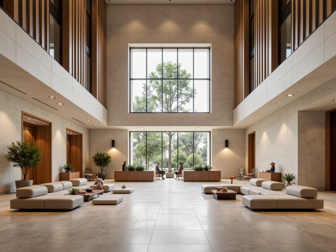 Prompt: Modern courthouse interior, sleek minimalist furniture, neutral color palette, polished concrete floors, natural stone walls, wooden accents, geometric patterns, elegant lighting fixtures, spacious open layout, comfortable seating areas, subtle textures, calming atmosphere, warm beige tones, subtle wood grain, modern technology integration, transparent glass partitions, efficient circulation paths, symmetrical composition, shallow depth of field, 1/1 ratio photography, realistic rendering.