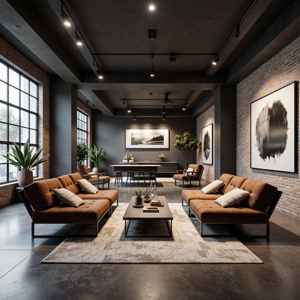 Prompt: Streamlined modern interior, low-profile sofas, tufted velvet upholstery, sleek chrome legs, minimalist coffee tables, geometric-patterned rugs, industrial-style lighting fixtures, exposed brick walls, polished concrete floors, abstract artwork, monochromatic color scheme, soft ambient lighting, 1/1 composition, shallow depth of field, realistic textures, subtle shadows.