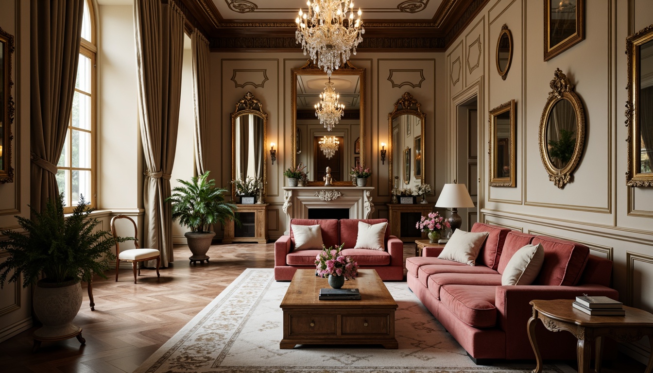 Prompt: Elegant living room, ornate mirrors, carved wooden furniture, velvet sofas, gilded frames, crystal chandeliers, marble flooring, rich textiles, subtle patterns, neutral color palette, soft warm lighting, shallow depth of field, 1/1 composition, symmetrical arrangement, classical proportions, intricate moldings, refined details, luxurious atmosphere.