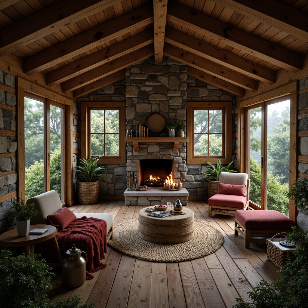 Prompt: Rustic wooden cabin, natural stone walls, earthy color palette, vintage metal decorations, distressed wood textures, cozy fireplace, plush furnishings, woven baskets, antique furniture pieces, lantern lighting, warm candlelight, misty morning atmosphere, soft focus photography, shallow depth of field, 2/3 composition, rustic pathway, overgrown vegetation, serene forest surroundings.