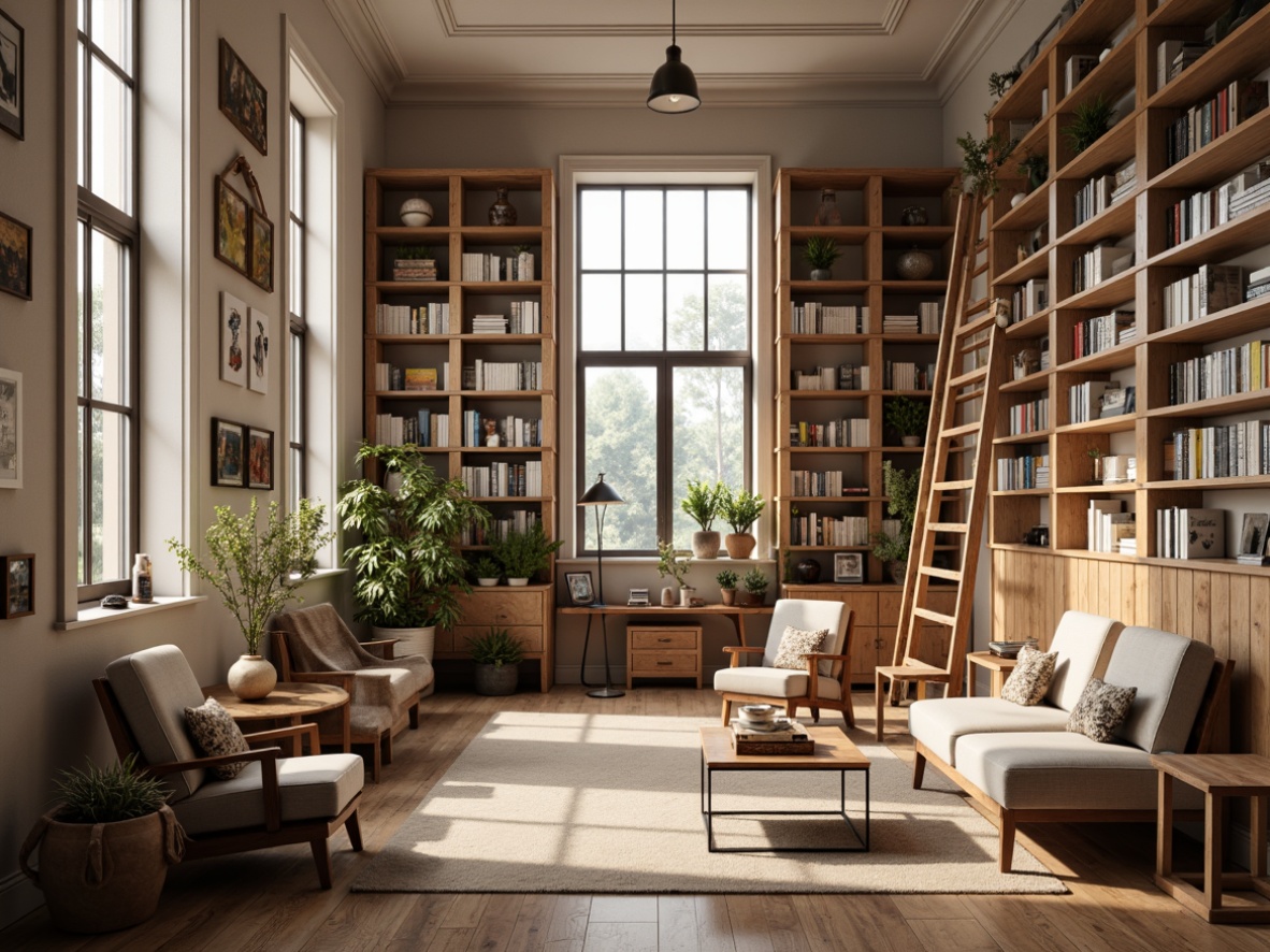 Prompt: Cozy Scandinavian bookstore, wooden shelves, vintage ladders, plush armchairs, minimalist coffee tables, industrial metal lighting, natural wood accents, creamy white walls, floor-to-ceiling bookcases, comfortable reading nooks, warm beige carpets, softbox pendant lights, modern Nordic design, functional furniture, ample legroom, rustic wooden benches, eclectic decorative objects, atmospheric misty windows, shallow depth of field, 1/1 composition, realistic textures, ambient occlusion.