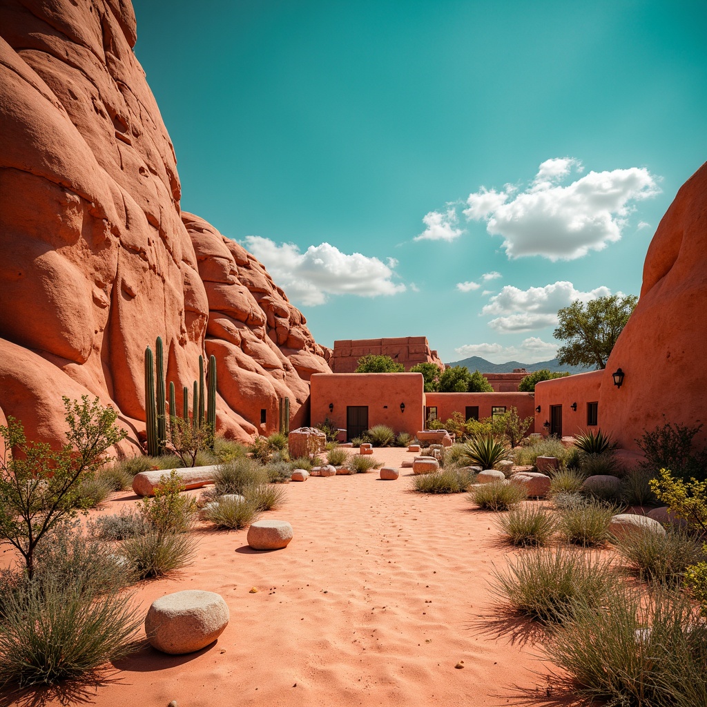 Prompt: Vibrant desert landscape, warm sandy dunes, turquoise skies, adobe earth tones, rusty red rock formations, succulent greens, cactus silhouettes, woven Native American patterns, bold geometric shapes, bright coral accents, soft peach hues, weathered wooden textures, aged leather tones, sunny afternoon light, shallow depth of field, 2/3 composition, warm atmospheric perspective, realistic desert vegetation.