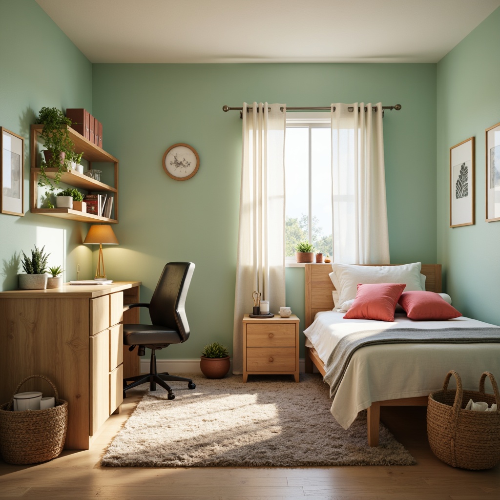 Prompt: Cozy dorm room, soft pastel colors, calming mint green walls, warm beige furniture, plush area rugs, natural wood accents, minimalist decor, modern desk lamps, comfortable bedding, vibrant coral accent pillows, soothing ambient lighting, shallow depth of field, 1/1 composition, realistic textures, subtle shadows.