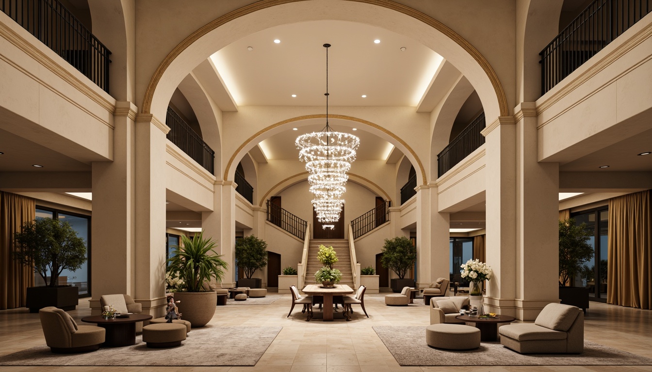 Prompt: Luxurious interior space, vaulted ceiling design, dramatic height, elegant curves, sophisticated architecture, cream-colored walls, dark wood accents, modern chandeliers, soft warm lighting, cozy atmosphere, comfortable seating areas, plush carpets, refined textures, subtle color palette, natural stone flooring, ornate details, grand entranceways, sweeping staircases, airy openness, sense of freedom.