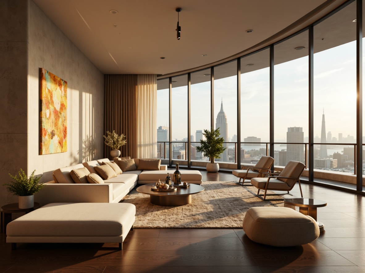 Prompt: Luxurious penthouse, modern minimalist interior, neutral beige walls, rich dark wood floors, sleek metallic accents, floor-to-ceiling windows, breathtaking cityscape views, warm golden lighting, soft creamy textures, lavish velvet fabrics, bold abstract artwork, chic monochromatic color scheme, sophisticated urban atmosphere, 1/1 composition, high-contrast lighting, cinematic depth of field.