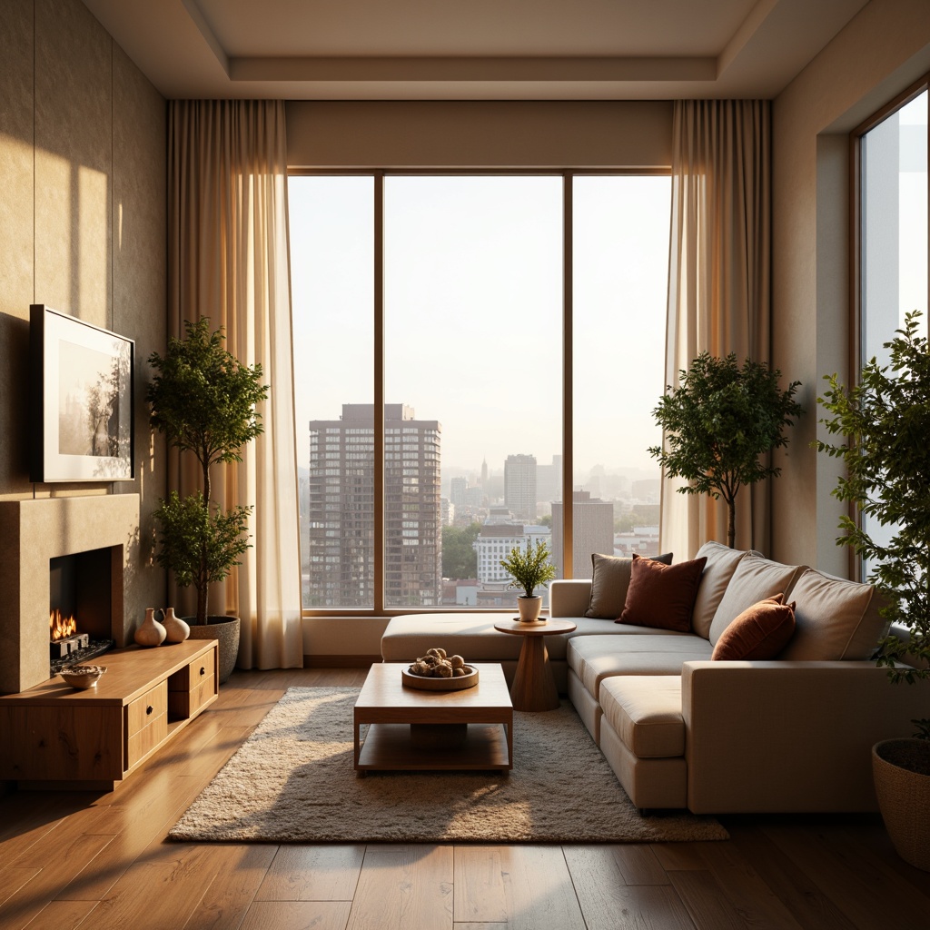 Prompt: Cozy apartment, warm lighting, soft beige walls, plush area rug, comfortable couch, velvet pillows, wooden coffee table, modern minimalist decor, floor-to-ceiling windows, cityscape view, gentle morning sunlight, warm white curtains, potted plants, natural wood accents, earthy color palette, intimate atmosphere, relaxed vibe, soft background music, aromatic essential oils, scented candles, crackling fireplace, inviting ambiance.