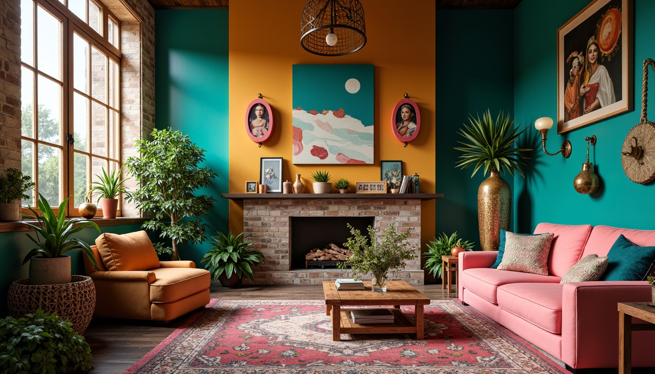 Prompt: Vibrant eclectic interior, bold color blocks, rich jewel tones, turquoise accents, warm golden hues, soft blush pinks, deep emerald greens, distressed wood textures, vintage patterned rugs, ornate metal fixtures, unique art pieces, mixed metallic finishes, abstract artwork, playful geometric shapes, oversized furniture, lush greenery, natural light pouring in, shallow depth of field, 3/4 composition, realistic textures, ambient occlusion.