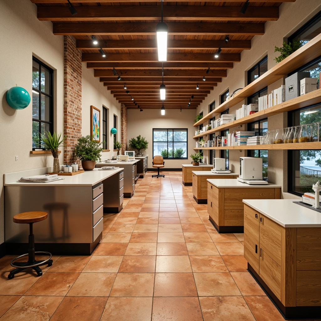 Prompt: Southwestern laboratory, earthy tone flooring, terracotta tiles, Saltillo-inspired patterns, warm beige concrete, rustic wooden accents, metallic epoxy coatings, high-gloss finishes, chemical-resistant surfaces, slip-resistant textures, modern minimalist design, functional workstations, sleek metal shelving, natural stone countertops, vibrant turquoise accents, warm ambient lighting, shallow depth of field, 3/4 composition, realistic textures, ambient occlusion.