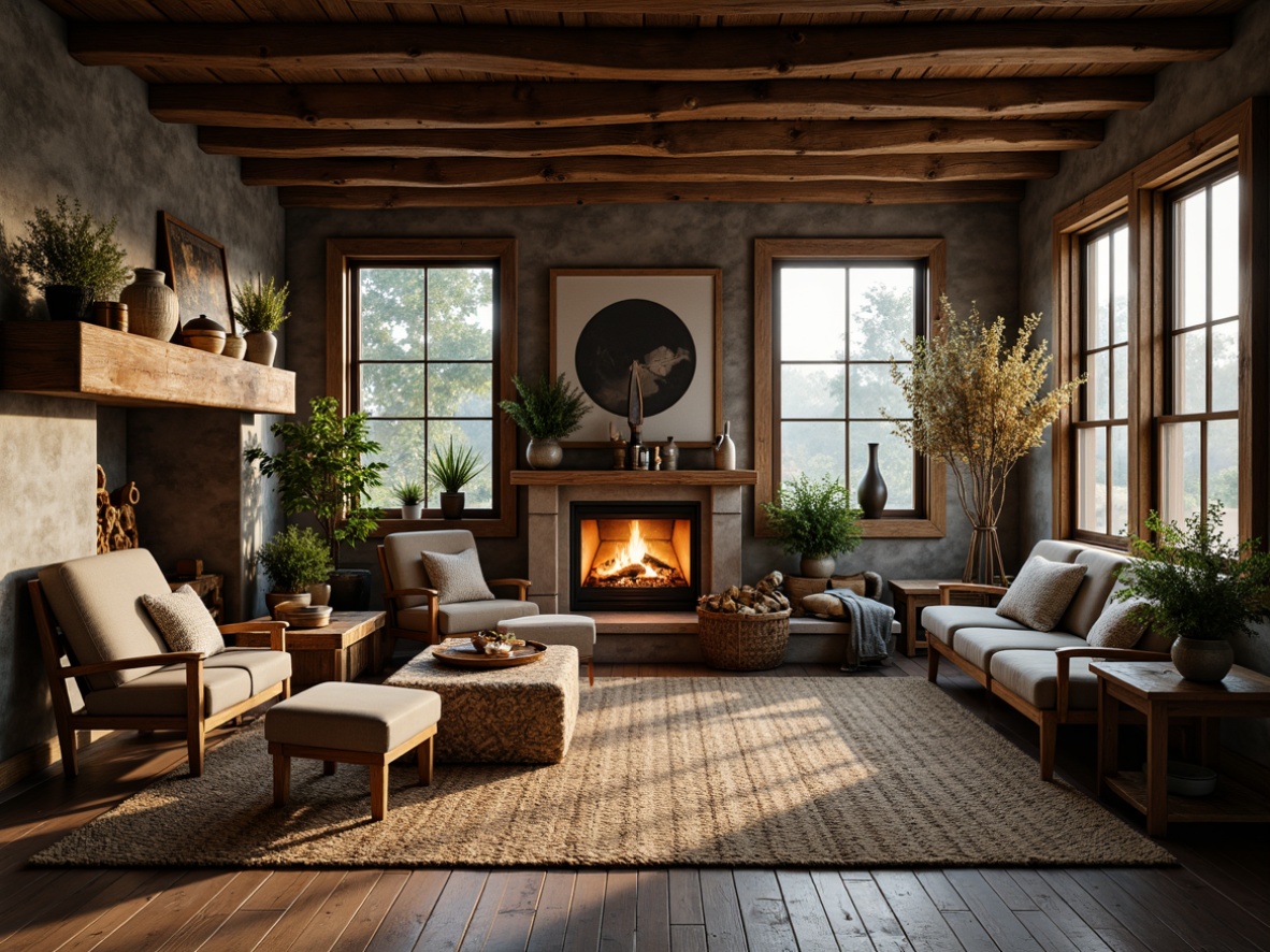 Prompt: Rustic cabin, wooden accents, natural stone walls, earthy color palette, reclaimed wood floors, vintage furniture pieces, cozy fireplace, woven textiles, lantern lighting, distressed metal decor, wildflower arrangements, lush greenery, misty morning atmosphere, soft warm lighting, shallow depth of field, 1/1 composition, realistic textures, ambient occlusion.