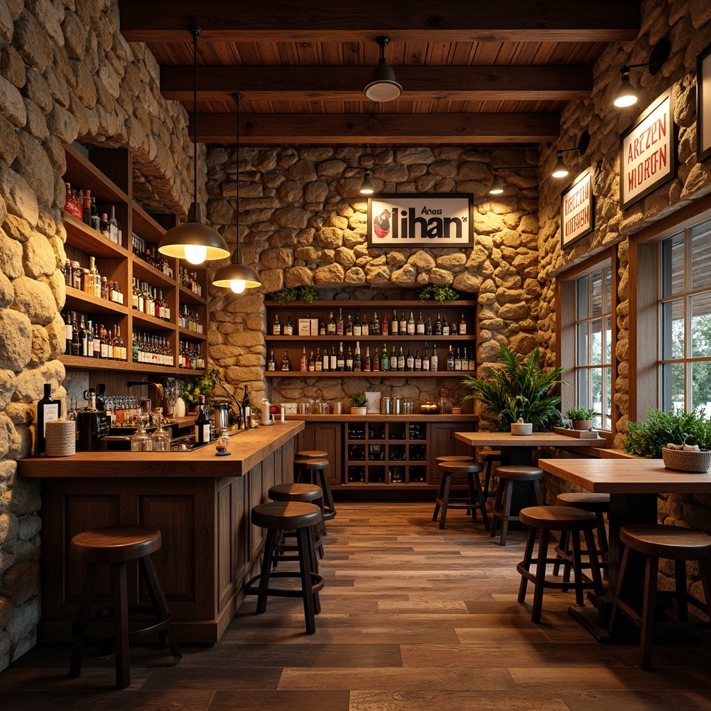 Prompt: Cozy home bar, rustic stone walls, natural rock textures, earthy tones, wooden accents, vintage metal signs, pendant lighting, comfortable stools, rich wood countertops, glass shelves, wine racks, liquor displays, ambient warm lighting, shallow depth of field, 3/4 composition, realistic renderings, detailed normal maps.