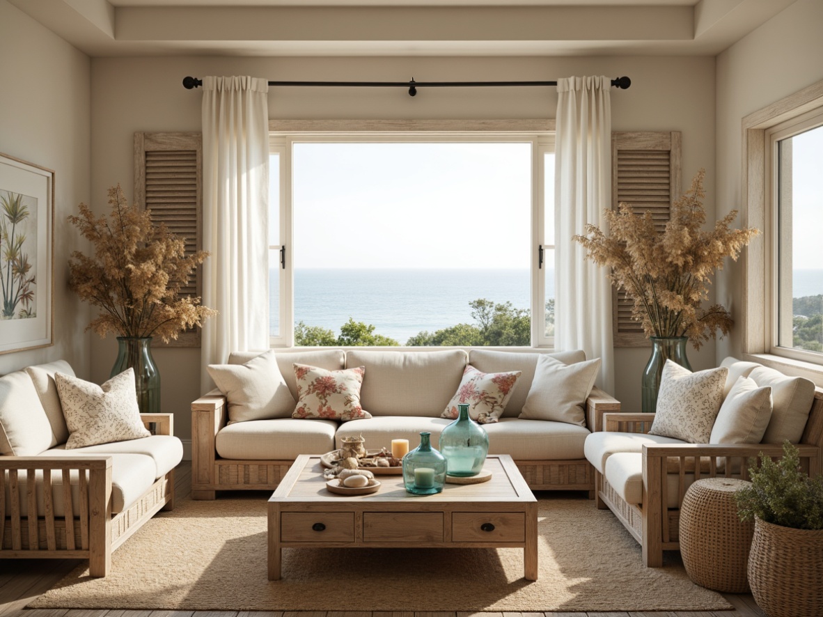 Prompt: Coastal living room, calming ocean views, soft sandy neutrals, woven jute rugs, natural linen fabrics, driftwood-inspired furniture, distressed wood accents, sea-salt scented candles, shell-adorned decorative accents, coral-patterned throw pillows, aqua-blue glass vases, weathered wooden shutters, billowy white curtains, beachy woven baskets, organic cotton upholstery, relaxed coastal vibe, warm golden lighting, shallow depth of field, 1/1 composition, realistic textures.