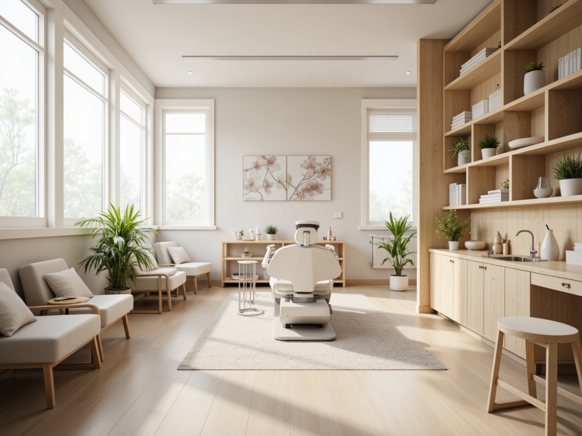 Prompt: Calming Scandinavian dental clinic, soft pale wood tones, gentle pastel hues, creamy whites, light grays, natural textiles, wooden accents, minimalist decor, sleek modern equipment, ergonomic chairs, floor-to-ceiling windows, abundant natural light, airy atmosphere, subtle Nordic patterns, warm beige floors, cozy waiting areas, soothing ambient lighting, shallow depth of field, 1/1 composition, realistic textures, ambient occlusion.