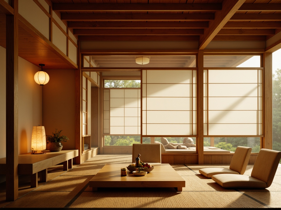 Prompt: Warm lanterns, soft diffused lighting, natural daylight, rice paper shades, wooden accents, minimalist decor, subtle color palette, paper walls, sliding screens, tatami mats, low seating, traditional Japanese architecture, serene atmosphere, warm beige tones, gentle shadows, 1/1 composition, intimate ambiance, subtle texture details, ambient occlusion.