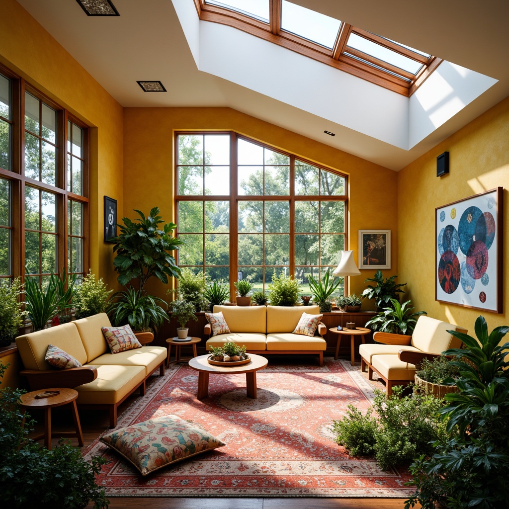 Prompt: Vibrant sunroom, open space, expressionist architecture, curved lines, playful shapes, bold colors, eclectic furniture, lush greenery, natural light, clerestory windows, skylights, wooden accents, cozy nooks, plush textiles, abstract art pieces, geometric patterns, whimsical decorations, warm ambiance, soft focus, shallow depth of field, 1/1 composition, intimate atmosphere, realistic materials.