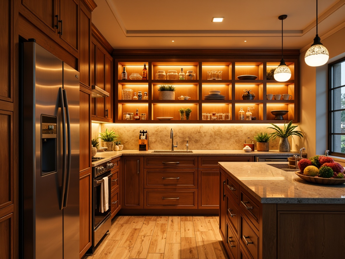 Prompt: Vibrant pantry, warm golden lighting, soft LED strips, under-cabinet illumination, glass shelves, polished chrome fixtures, rich wood tones, modern kitchen design, bright color palette, decorative pendant lights, natural stone countertops, ambient shadows, 1/2 composition, shallow depth of field, realistic textures.