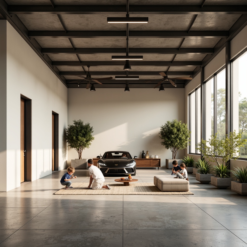 Prompt: Modern family garage, streamline moderne style, neutral color palette, soft warm lighting, creamy white walls, polished concrete floors, industrial metal beams, minimalist decor, sleek black accents, natural wood tones, subtle texture contrasts, shallow depth of field, 3/4 composition, panoramic view, realistic renderings, ambient occlusion.