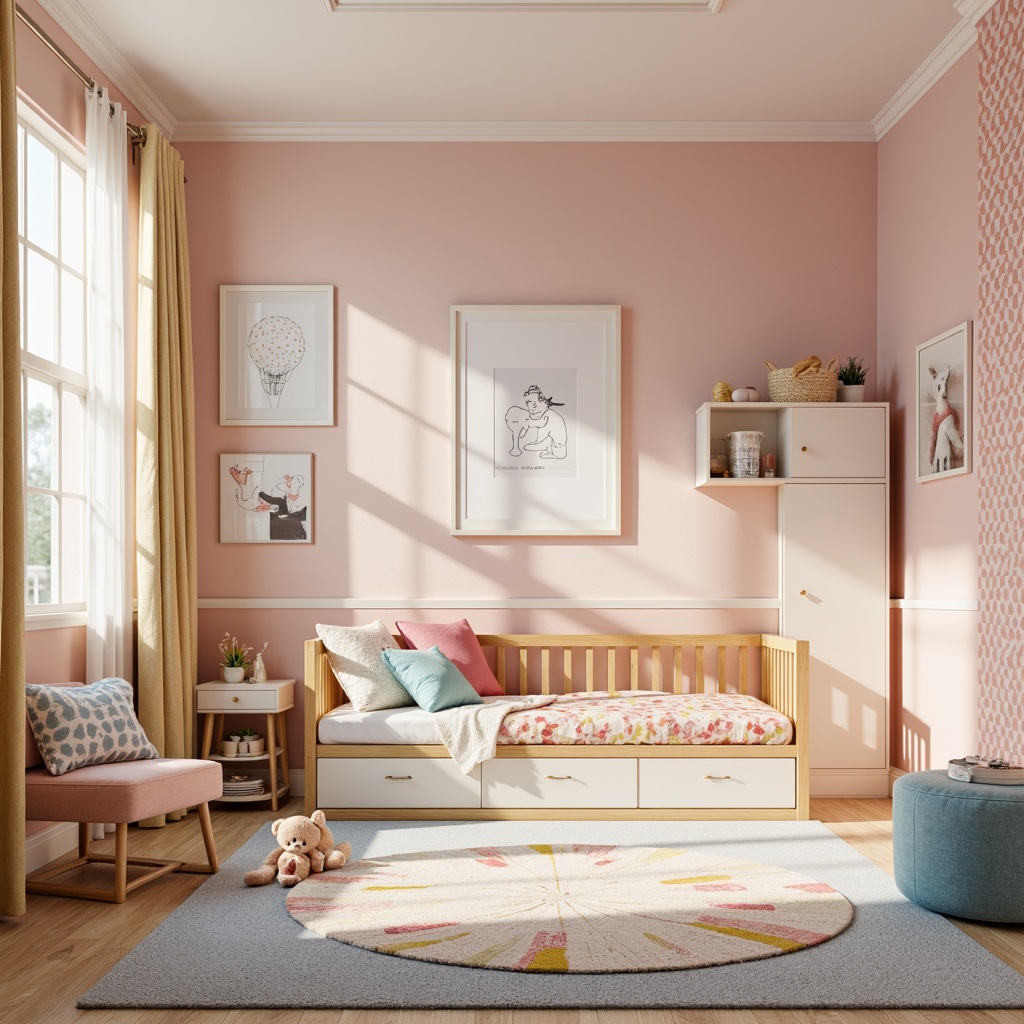 Prompt: Vibrant kids' room, pastel colors, soft pink walls, creamy white furniture, gentle blue accents, warm yellow lighting, cozy textiles, plush toys, natural wood floors, whimsical wall art, playful polka dots, creamy beige curtains, sunny day, shallow depth of field, 1/1 composition, realistic textures, ambient occlusion.