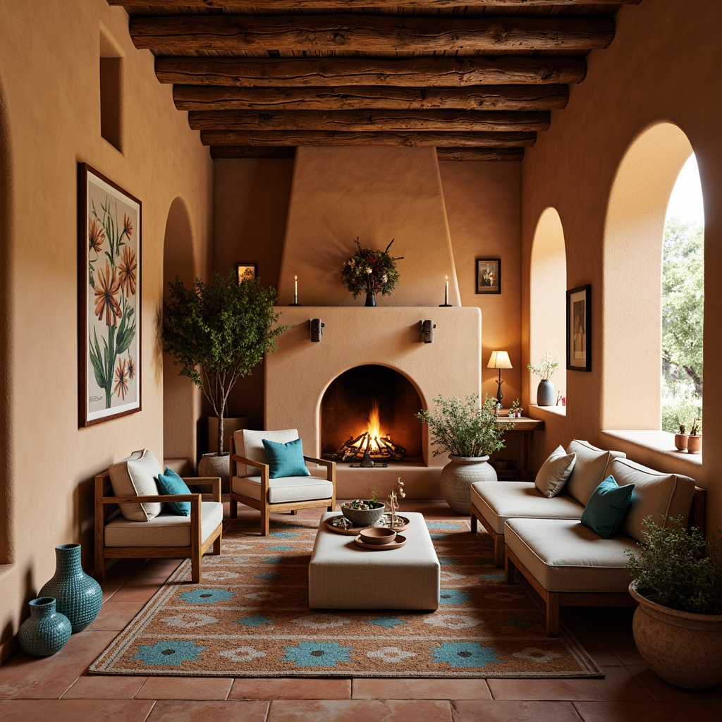 Prompt: Earthy adobe walls, rustic wooden beams, woven Native American patterned rugs, vibrant turquoise accents, clay pottery vases, natural fiber upholstered furniture, warm terracotta floors, rough-hewn stone fireplaces, desert botanical prints, Southwestern geometric motifs, cozy candlelit ambiance, soft warm lighting, shallow depth of field, 1/1 composition, realistic textures, ambient occlusion.