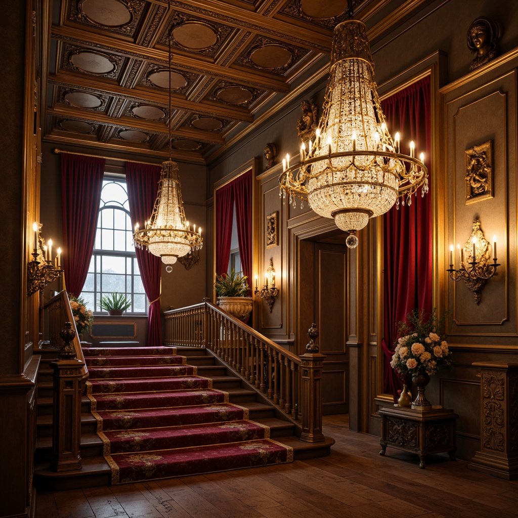 Prompt: Ornate chandeliers, crystal droplets, antique bronze fixtures, opulent candelabras, intricate metalwork, lavish drapery, rich velvet fabrics, ornamental plaster ceilings, grand staircases, majestic archways, warm golden lighting, soft candlelight, 1/1 composition, shallow depth of field, realistic textures, ambient occlusion.