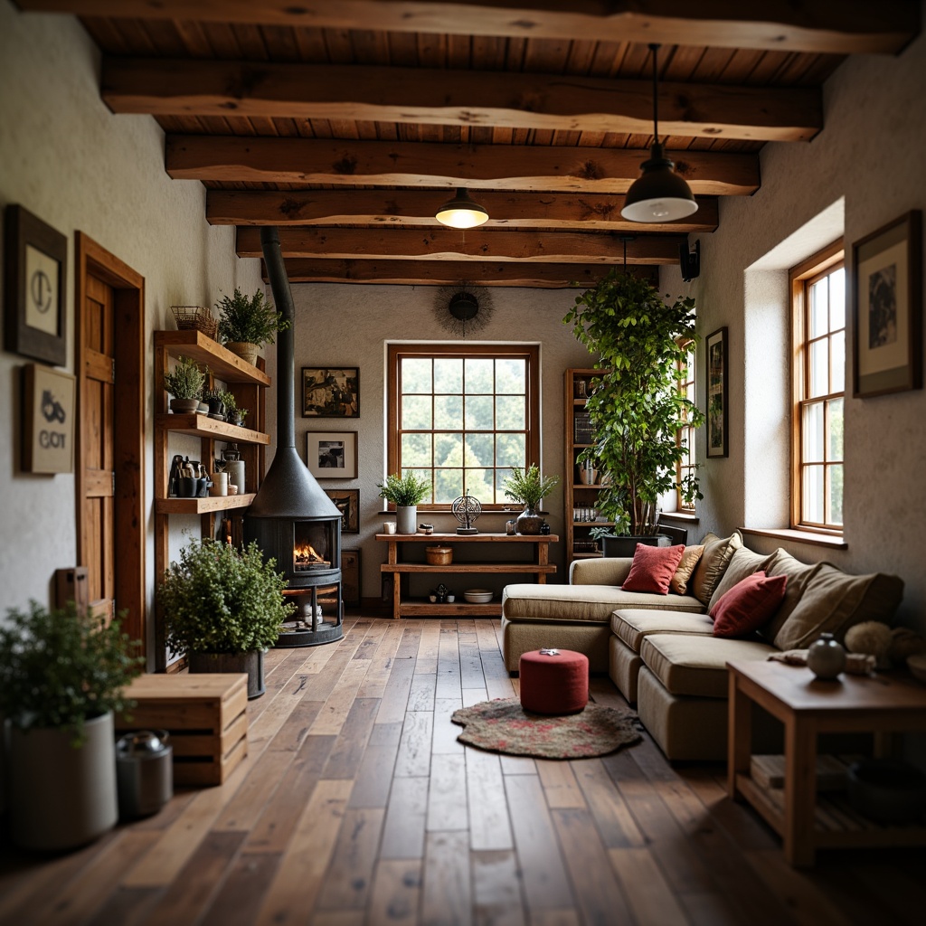 Prompt: Rustic farmhouse, exposed wooden beams, distressed metal accents, reclaimed wood flooring, vintage farm tools, earthy color palette, natural stone walls, industrial-style lighting fixtures, metal lanterns, wooden crates, potted greenery, brick red accents, cozy textiles, warm ambient lighting, shallow depth of field, 1/2 composition, realistic textures, soft focus effect.