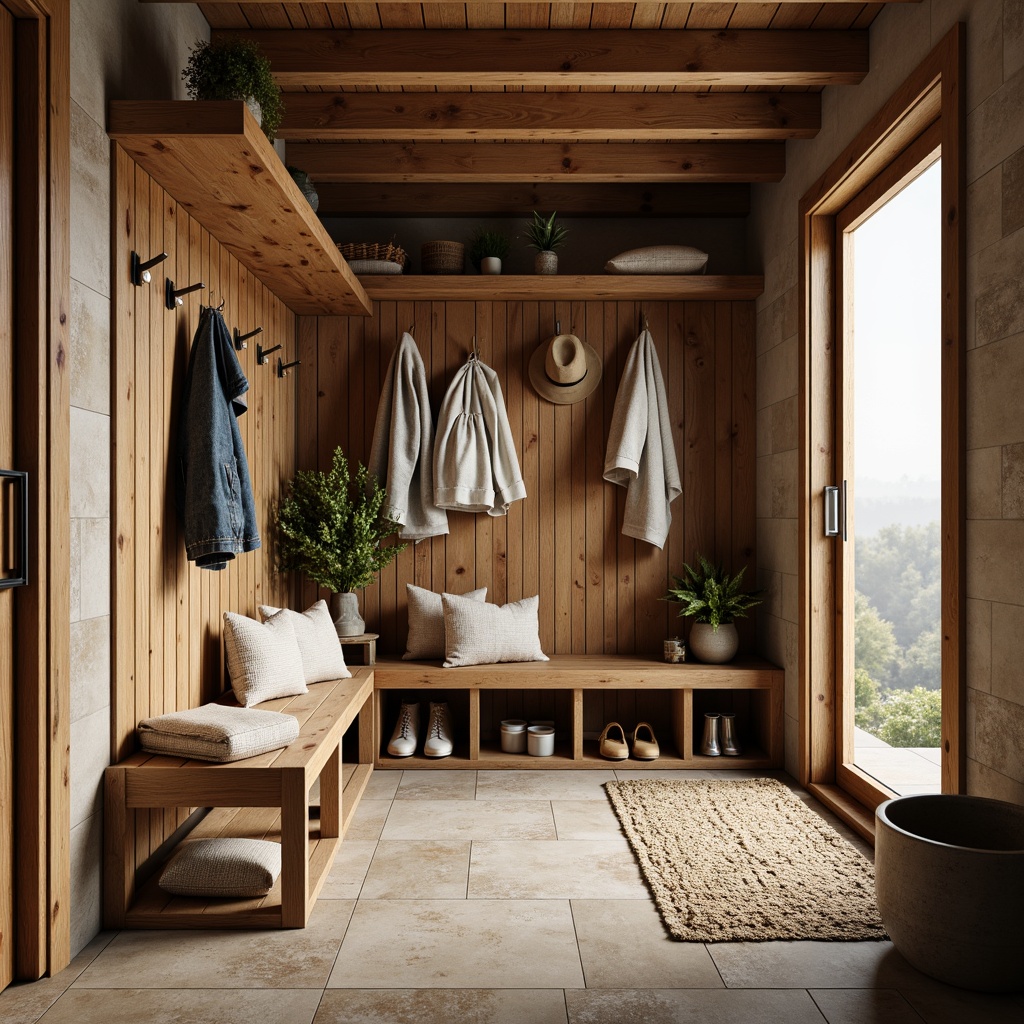 Prompt: Cozy mudroom, rustic wooden accents, natural stone flooring, earthy tones, waterproof materials, slip-resistant surfaces, durable construction, easy cleaning, functional layout, ample storage space, bench seating, hooks for hanging, natural light, warm ambiance, shallow depth of field, 1/1 composition, realistic textures, ambient occlusion.