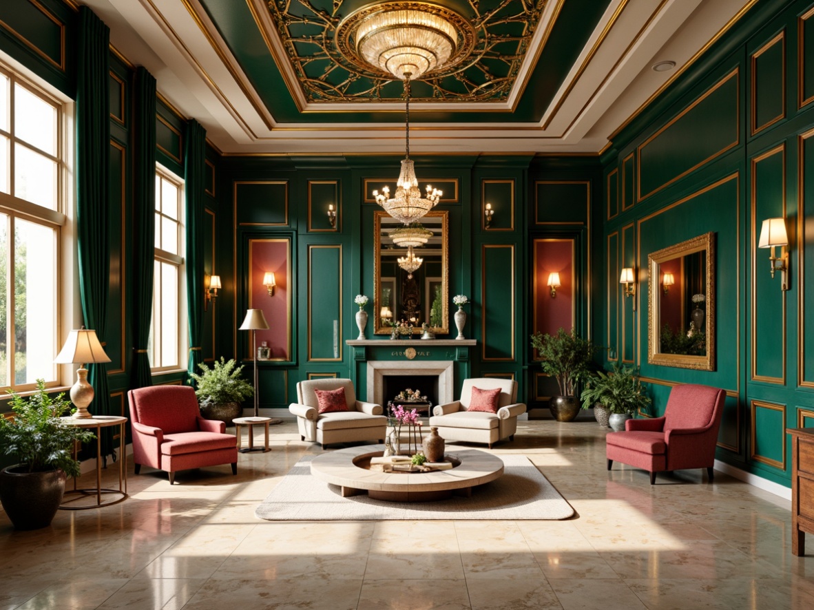 Prompt: Luxurious library, ornate Art Deco style, rich jewel tones, emerald green walls, golden accents, creamy marble floors, opulent chandeliers, warm bronze lighting fixtures, velvet drapes, geometric patterns, metallic leaf motifs, intricate moldings, sophisticated color palette, deep berry reds, soft blush pinks, muted turquoise blues, warm beige neutrals, high-contrast highlights, dramatic shadows, cinematic lighting, 1/2 composition, ornate framing, realistic textures, ambient occlusion.